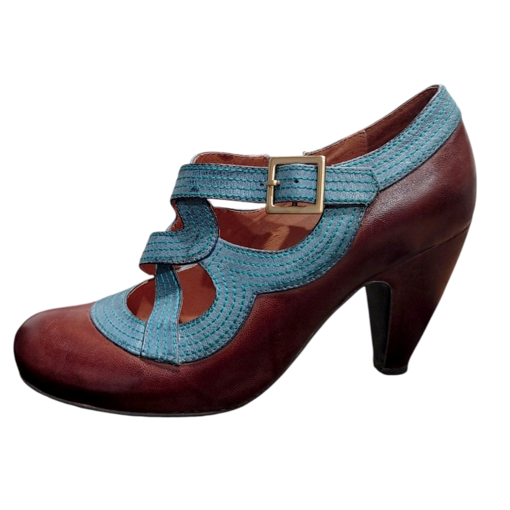 Miz Mooz Soho Brown Teal Leather Mary Jane Retro Pin Up Heels Women's Size 7.5 - Picture 10 of 10